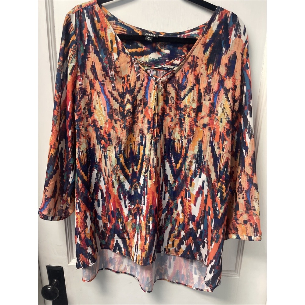 ANA A New Approach Top Blouse Orange Multicolor XL Tie Front Lightweight